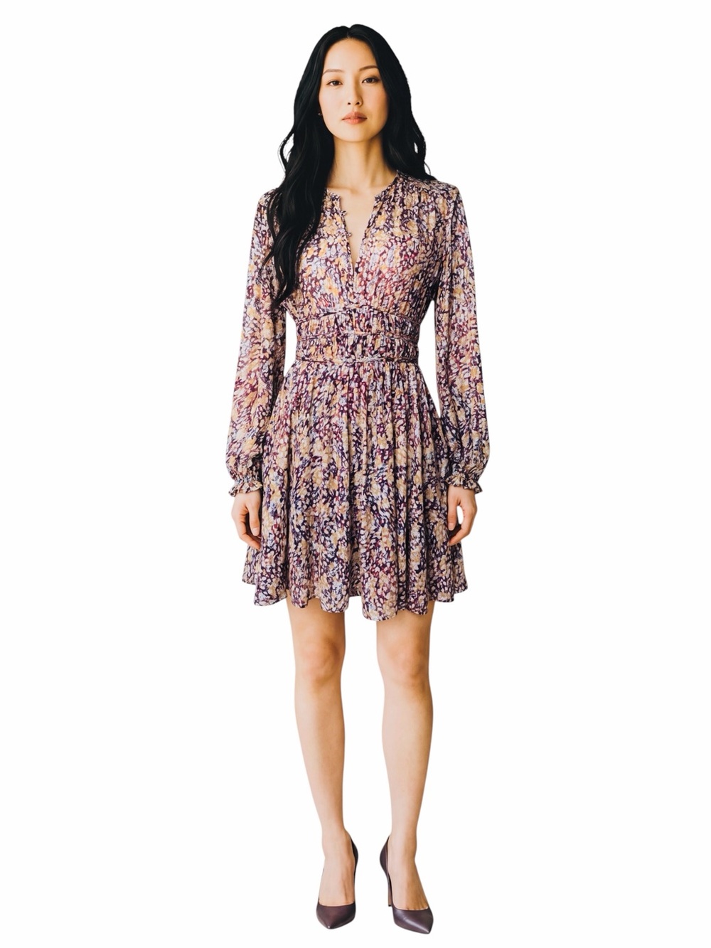 MAJE Gathered Printed Metallic FIL Coupé Dress. Size 4.